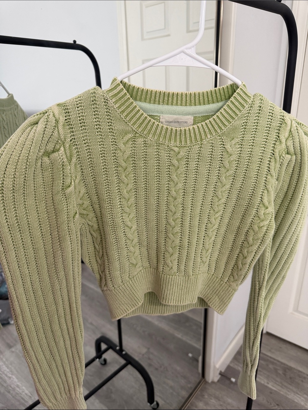 Urban Outfitters Sage Green Mineral Wash Cable Knit Crew Sweater Cropped Small